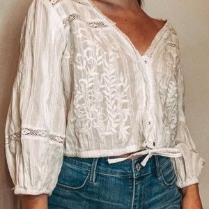 Free People White Cotton Embroidery Crop Lace Snap Front Top Size Small